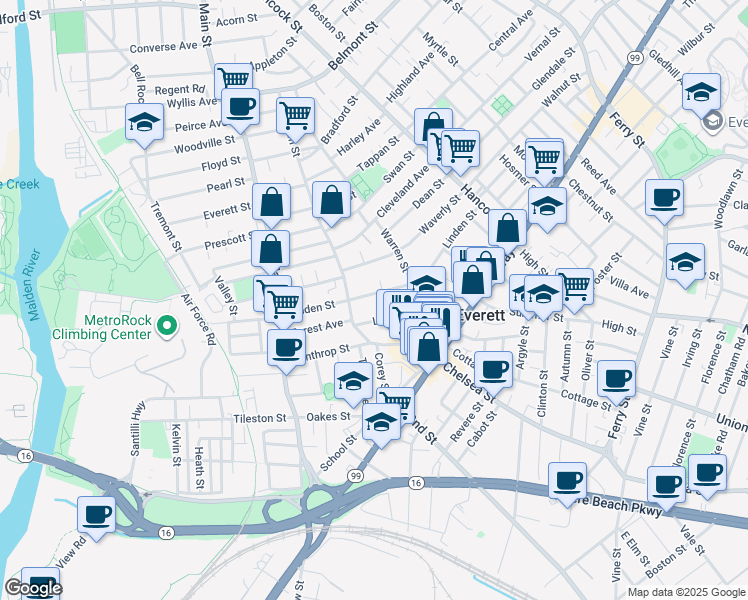 map of restaurants, bars, coffee shops, grocery stores, and more near 2 Linden Place in Everett