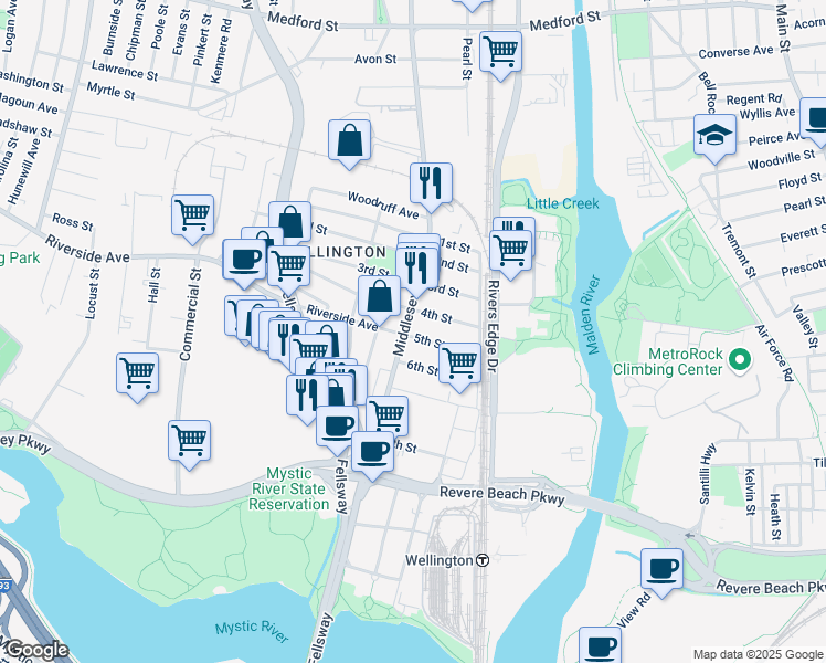 map of restaurants, bars, coffee shops, grocery stores, and more near 56 4th Street in Medford