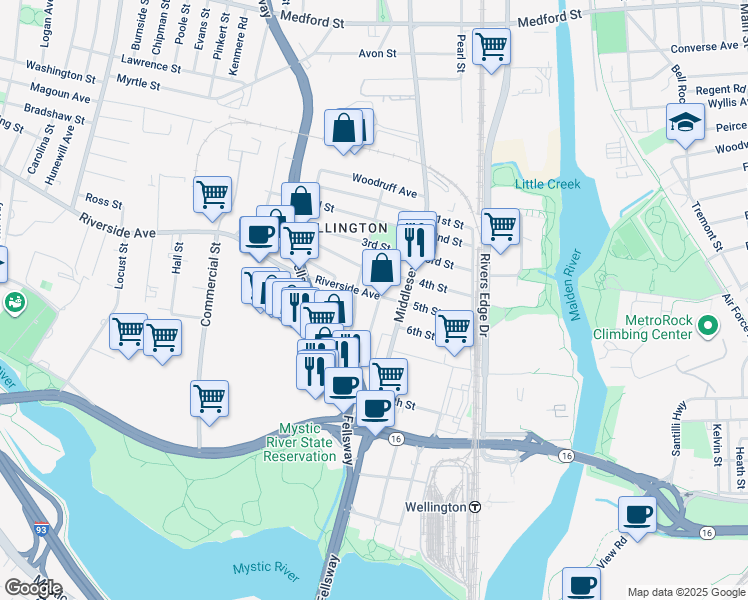 map of restaurants, bars, coffee shops, grocery stores, and more near 558 Riverside Avenue in Medford
