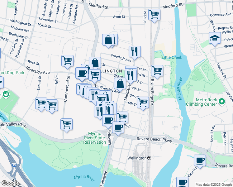 map of restaurants, bars, coffee shops, grocery stores, and more near 558 Riverside Avenue in Medford