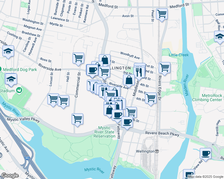 map of restaurants, bars, coffee shops, grocery stores, and more near 530 Riverside Avenue in Medford