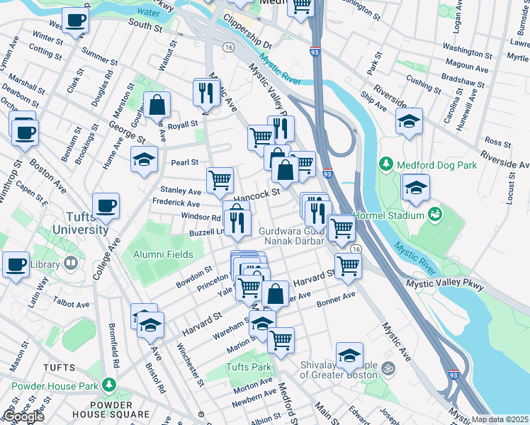 map of restaurants, bars, coffee shops, grocery stores, and more near 37 Hancock Street in Medford