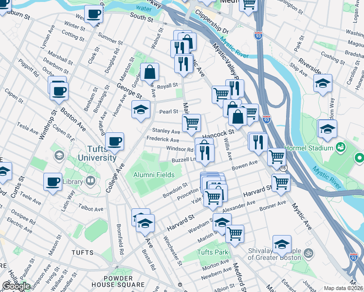 map of restaurants, bars, coffee shops, grocery stores, and more near 16 Stanley Avenue in Medford