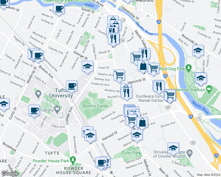 map of restaurants, bars, coffee shops, grocery stores, and more near 16 Stanley Avenue in Medford