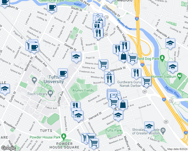 map of restaurants, bars, coffee shops, grocery stores, and more near 61 Frederick Avenue in Medford