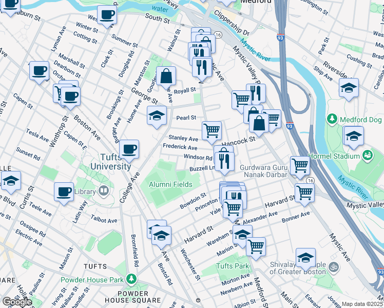 map of restaurants, bars, coffee shops, grocery stores, and more near 61 Frederick Avenue in Medford
