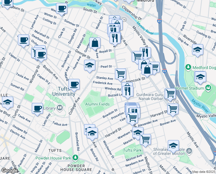 map of restaurants, bars, coffee shops, grocery stores, and more near 61 Frederick Avenue in Medford