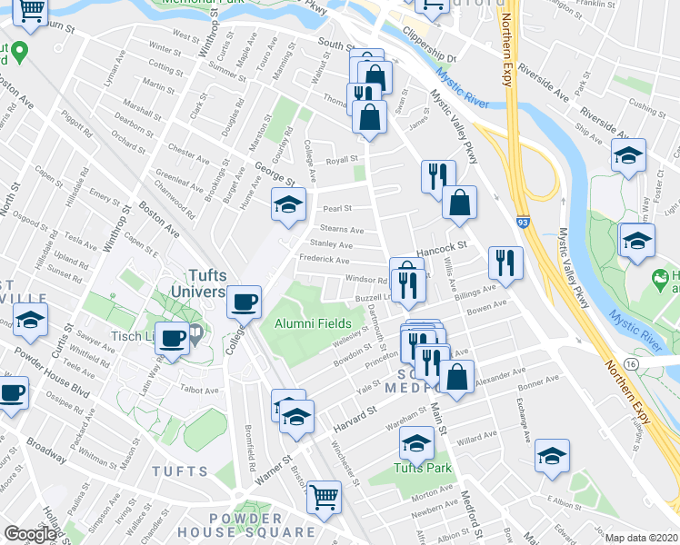 map of restaurants, bars, coffee shops, grocery stores, and more near 61 Frederick Avenue in Medford
