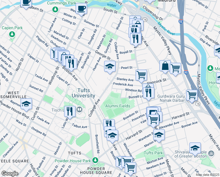map of restaurants, bars, coffee shops, grocery stores, and more near 161 College Avenue in Medford