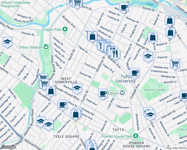 map of restaurants, bars, coffee shops, grocery stores, and more near 20 Tesla Avenue in Medford