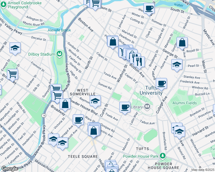 map of restaurants, bars, coffee shops, grocery stores, and more near 48 Upland Road in Somerville