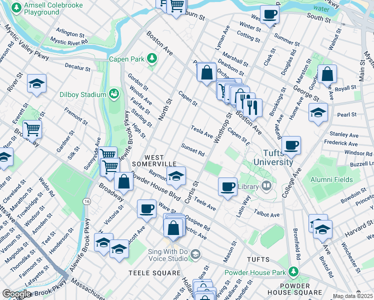 map of restaurants, bars, coffee shops, grocery stores, and more near 48 Upland Road in Somerville