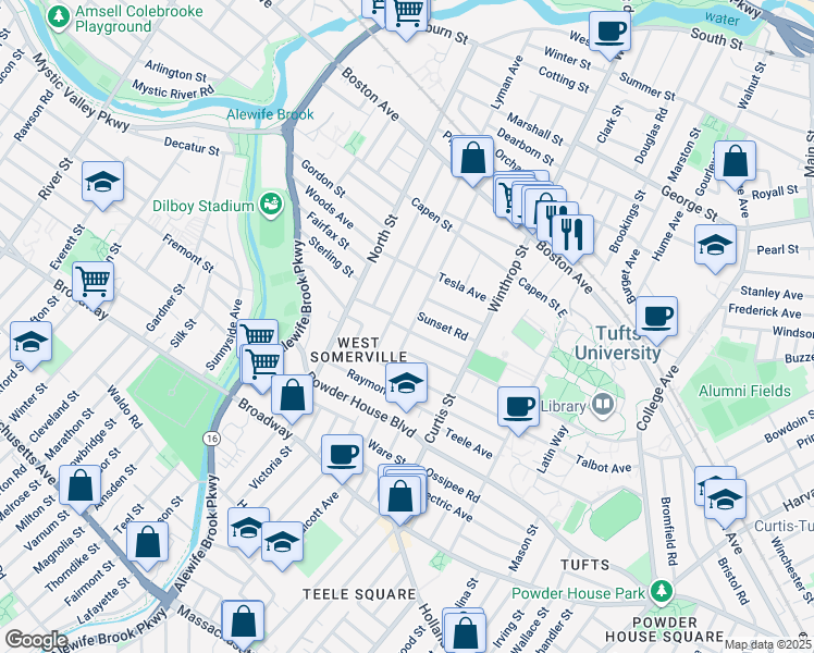 map of restaurants, bars, coffee shops, grocery stores, and more near 106 Adams Street in Somerville