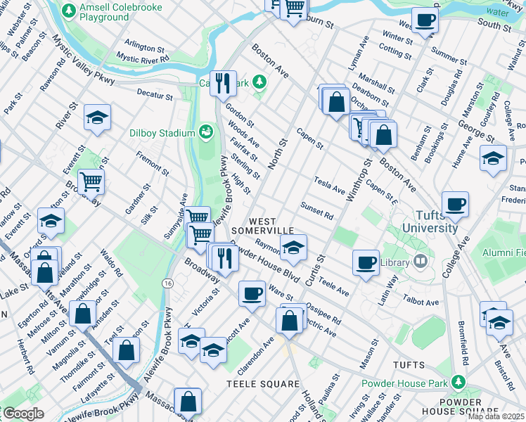 map of restaurants, bars, coffee shops, grocery stores, and more near 121 North Street in Somerville