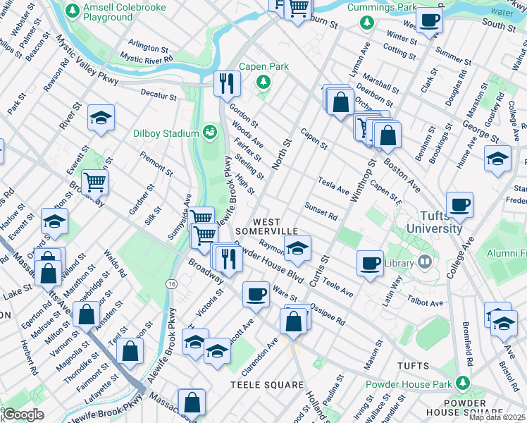 map of restaurants, bars, coffee shops, grocery stores, and more near 121 North Street in Somerville