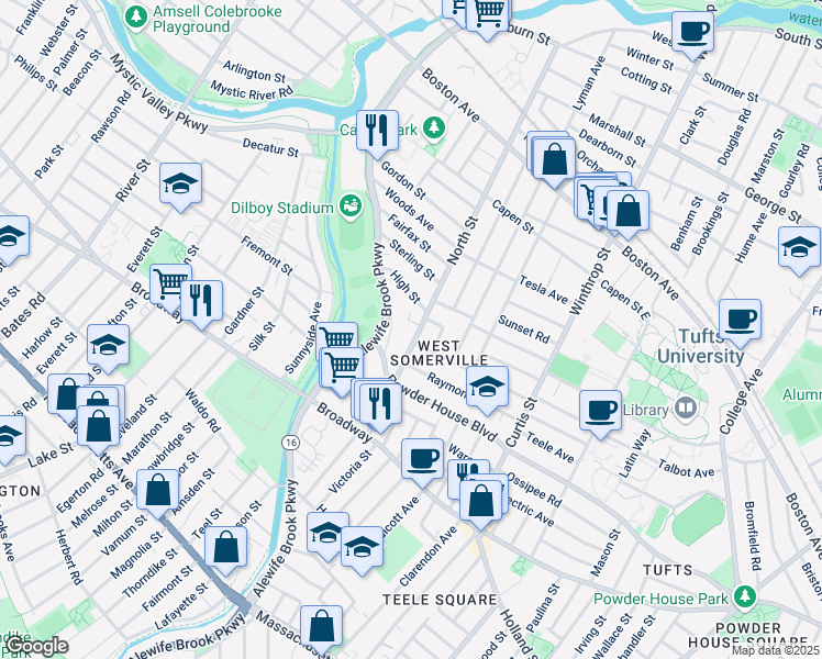 map of restaurants, bars, coffee shops, grocery stores, and more near 295 Alewife Brook Parkway in Somerville