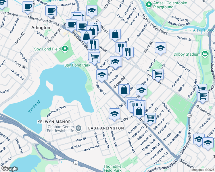 map of restaurants, bars, coffee shops, grocery stores, and more near 295 Massachusetts Avenue in Arlington