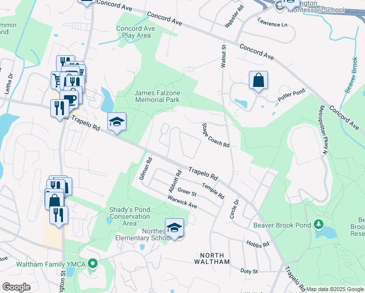 map of restaurants, bars, coffee shops, grocery stores, and more near 204 Clocktower Drive in Waltham
