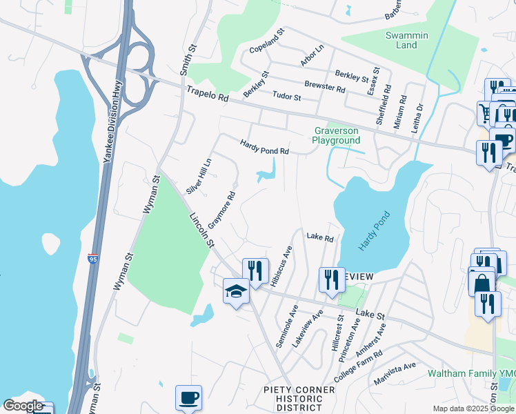 map of restaurants, bars, coffee shops, grocery stores, and more near 46 Kings Way in Waltham