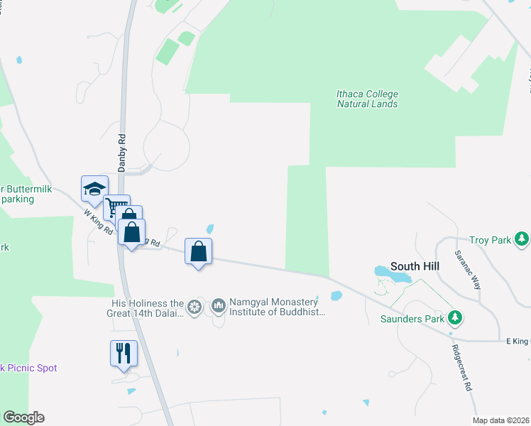 map of restaurants, bars, coffee shops, grocery stores, and more near 144 East King Road in Ithaca
