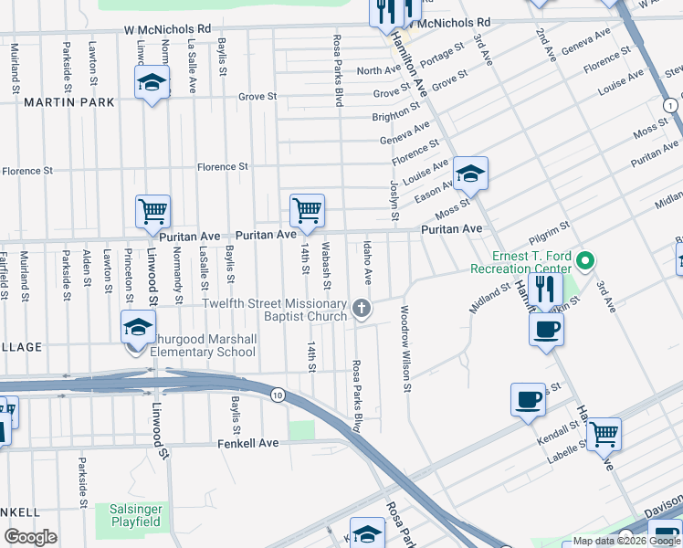 map of restaurants, bars, coffee shops, grocery stores, and more near 15826 Rosa Parks Boulevard in Detroit