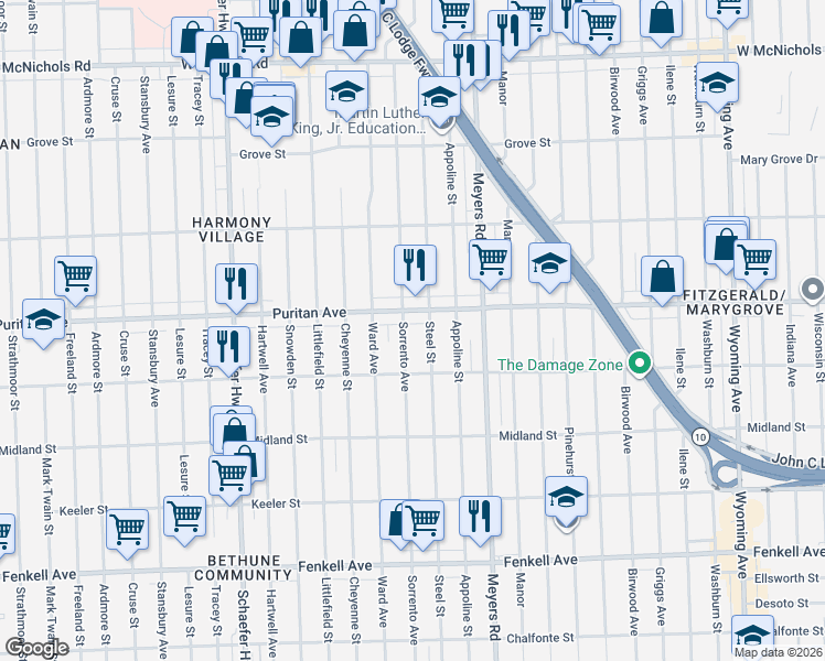 map of restaurants, bars, coffee shops, grocery stores, and more near 12905 Puritan Avenue in Detroit