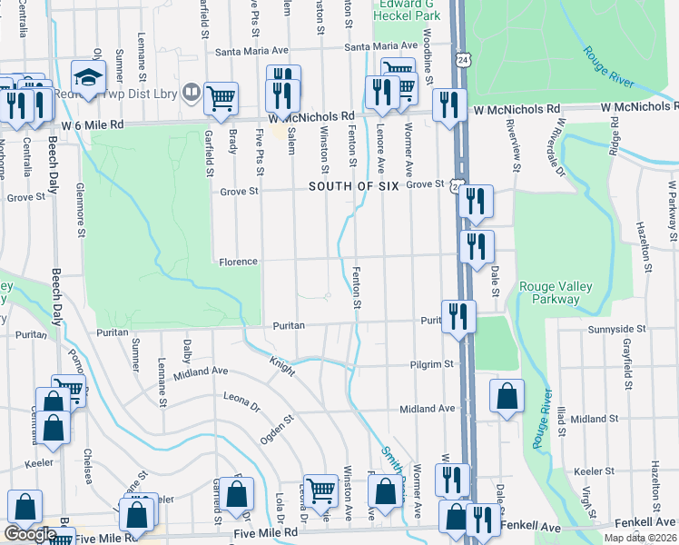 map of restaurants, bars, coffee shops, grocery stores, and more near 16500 Winston Street in Detroit