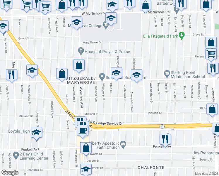 map of restaurants, bars, coffee shops, grocery stores, and more near 15867 Ohio Street in Detroit