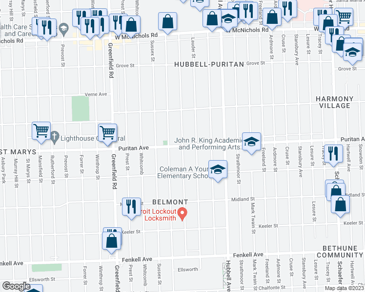 map of restaurants, bars, coffee shops, grocery stores, and more near Puritan St & Robson St in Detroit