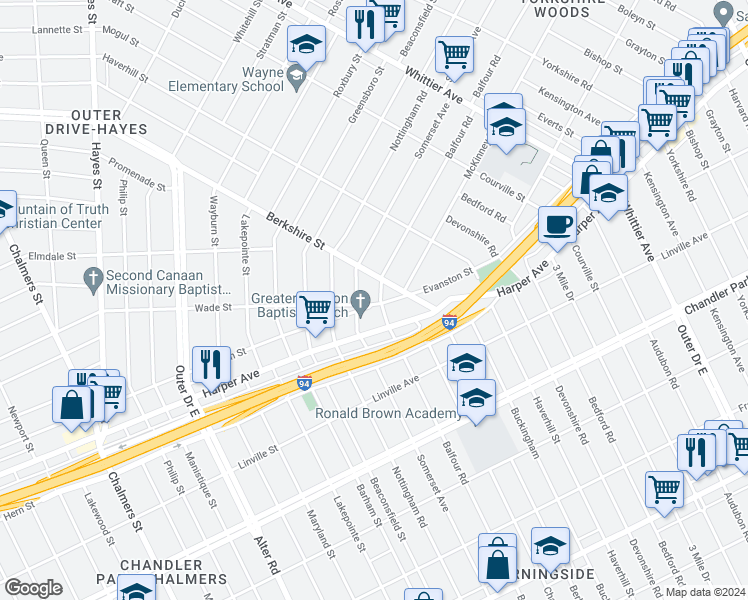 map of restaurants, bars, coffee shops, grocery stores, and more near 9403 Balfour Road in Detroit