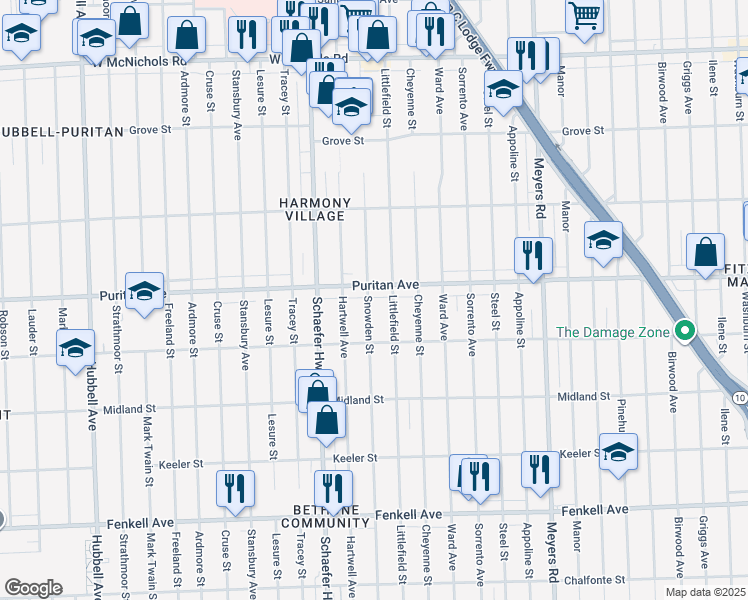 map of restaurants, bars, coffee shops, grocery stores, and more near 13300 Puritan Avenue in Detroit
