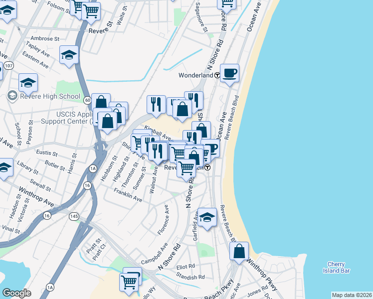 map of restaurants, bars, coffee shops, grocery stores, and more near 110 Kimball Avenue in Revere