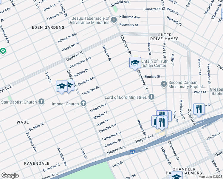 map of restaurants, bars, coffee shops, grocery stores, and more near 13367 Elmdale Street in Detroit