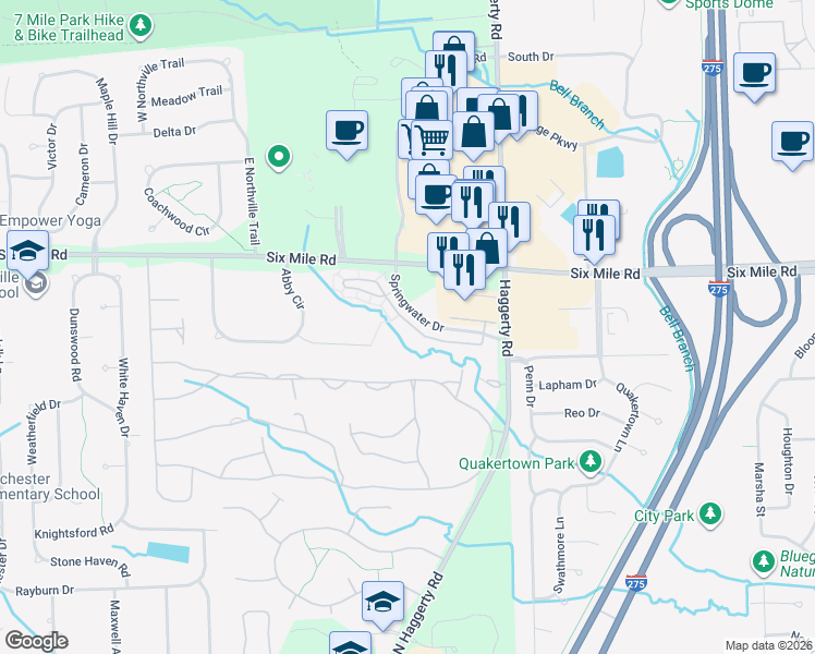 map of restaurants, bars, coffee shops, grocery stores, and more near 39656 Rockcrest Lane in Northville