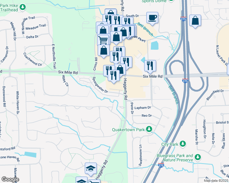map of restaurants, bars, coffee shops, grocery stores, and more near 39605 Springwater Drive in Northville