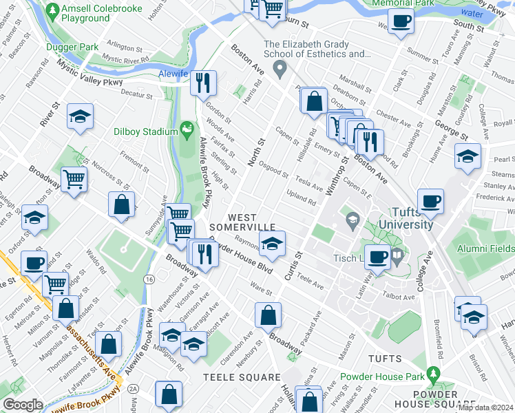 map of restaurants, bars, coffee shops, grocery stores, and more near 129 Adams Street in Somerville