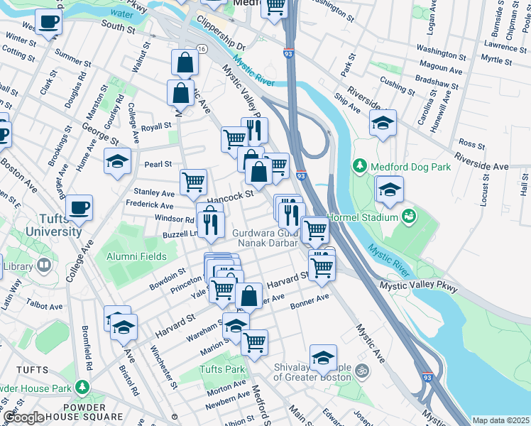 map of restaurants, bars, coffee shops, grocery stores, and more near 32 Goldsmith Avenue in Medford