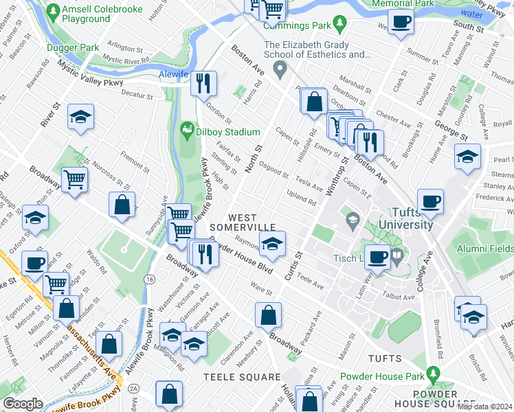 map of restaurants, bars, coffee shops, grocery stores, and more near 129 West Adams Street in Somerville