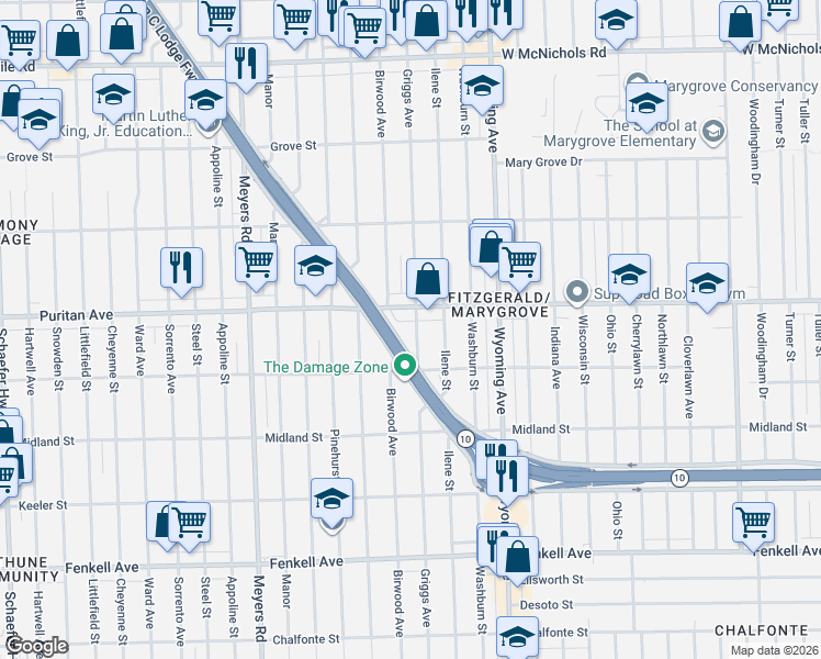 map of restaurants, bars, coffee shops, grocery stores, and more near 15881 Griggs Street in Detroit