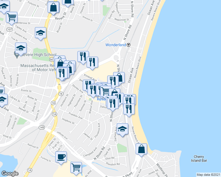 map of restaurants, bars, coffee shops, grocery stores, and more near 110 Kimball Avenue in Revere