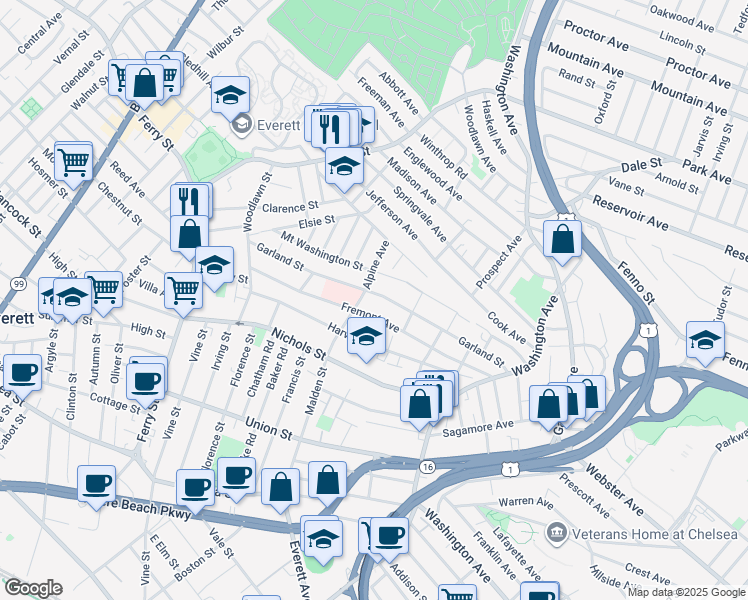 map of restaurants, bars, coffee shops, grocery stores, and more near 100 Garland Street in Everett