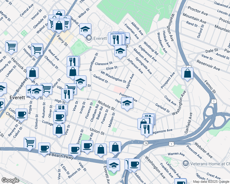 map of restaurants, bars, coffee shops, grocery stores, and more near 103 Garland Street in Everett