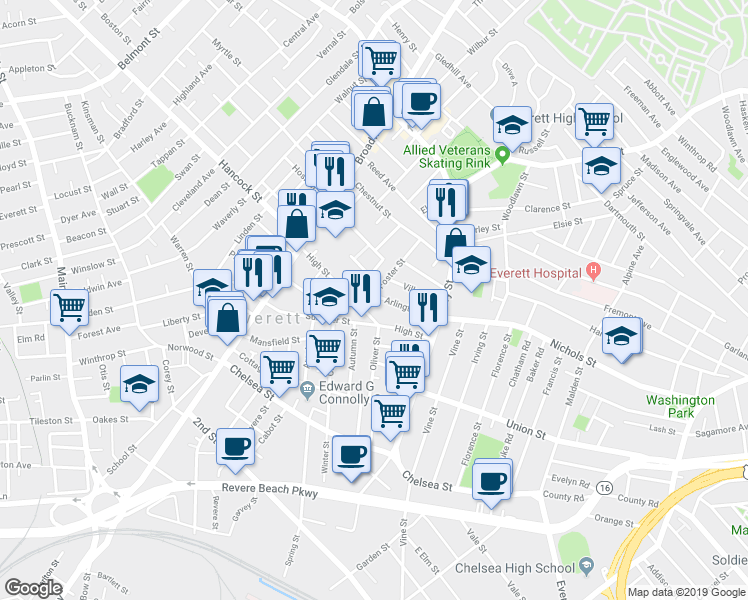 map of restaurants, bars, coffee shops, grocery stores, and more near 24 Foster Street in Everett