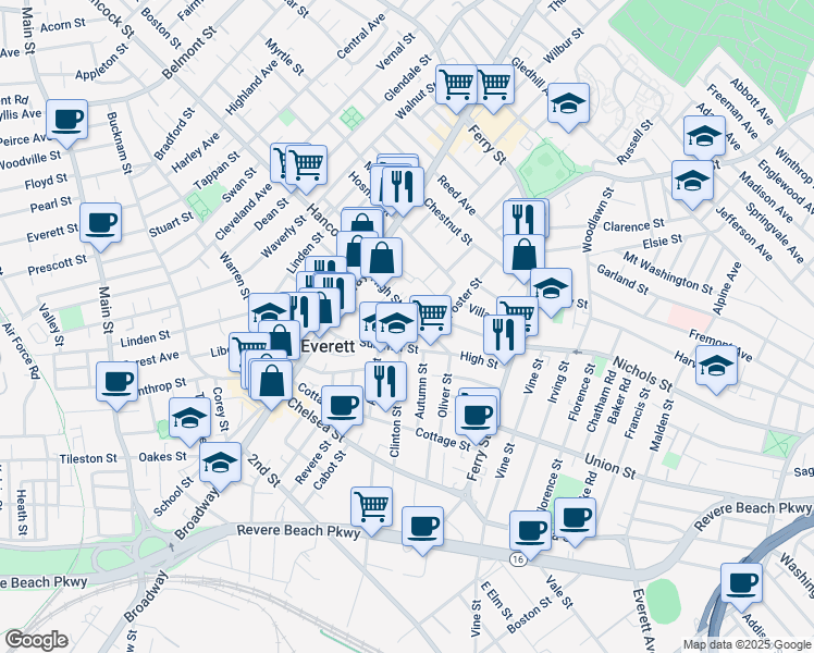 map of restaurants, bars, coffee shops, grocery stores, and more near 46 High Street in Everett
