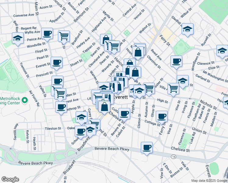 map of restaurants, bars, coffee shops, grocery stores, and more near 33 Ellsworth Street in Everett