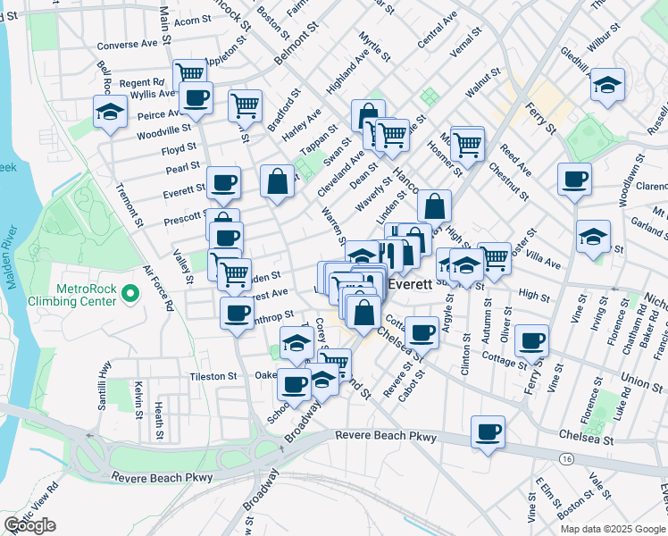 map of restaurants, bars, coffee shops, grocery stores, and more near 2 Linden Place in Everett