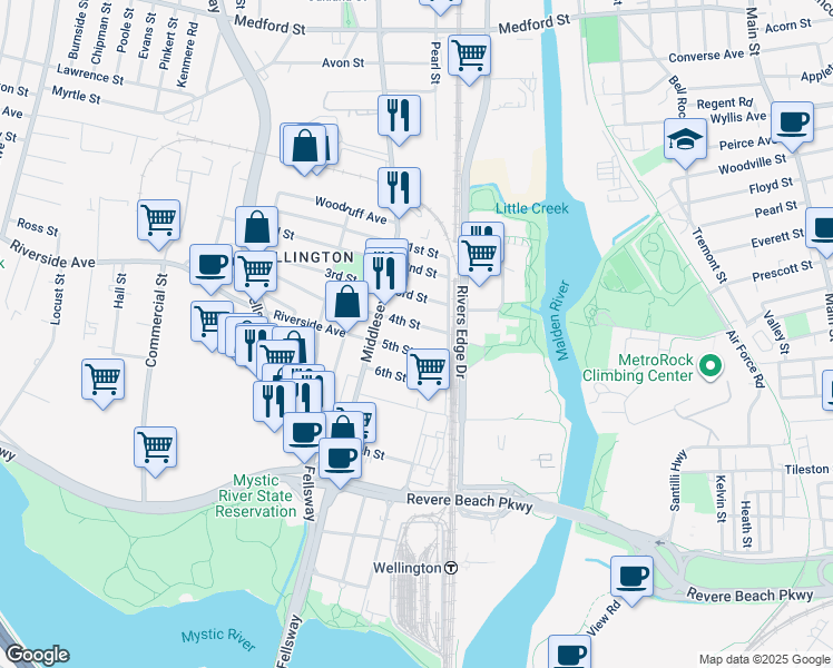 map of restaurants, bars, coffee shops, grocery stores, and more near 35 4th Street in Medford
