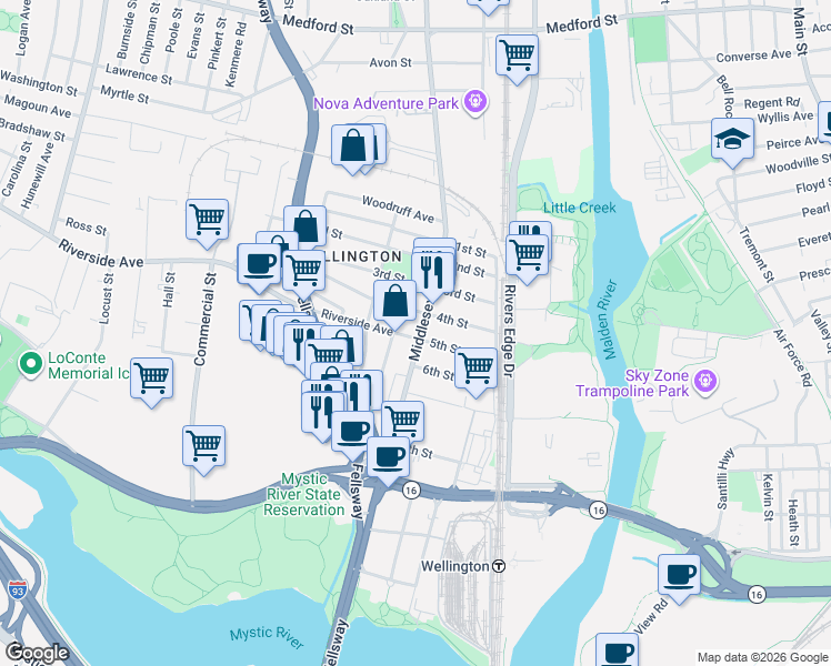 map of restaurants, bars, coffee shops, grocery stores, and more near 56 4th Street in Medford