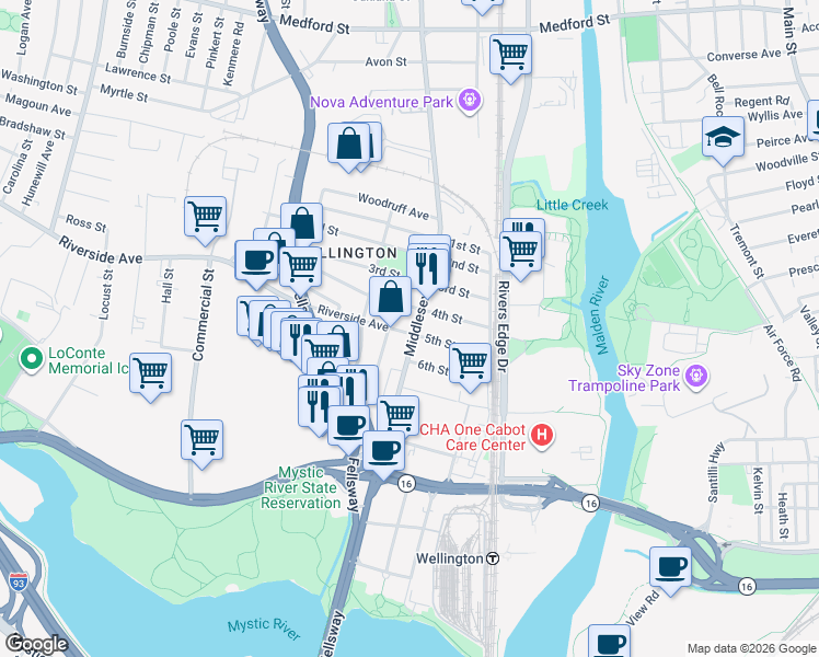 map of restaurants, bars, coffee shops, grocery stores, and more near 56 4th Street in Medford