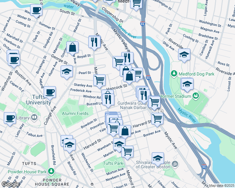 map of restaurants, bars, coffee shops, grocery stores, and more near 37 Hancock Street in Medford